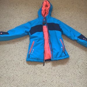 Blue and neon pink Lands End parka / jacket for kids
